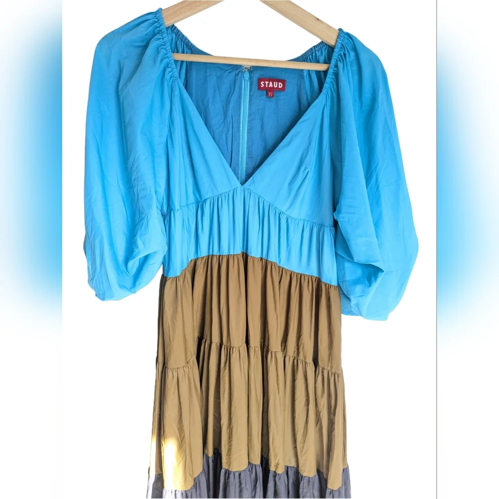 STAUD Meadow Color Block Puff Sleeve Tiered Maxi Dress Blue Black Olive Runway - Picture 3 of 13